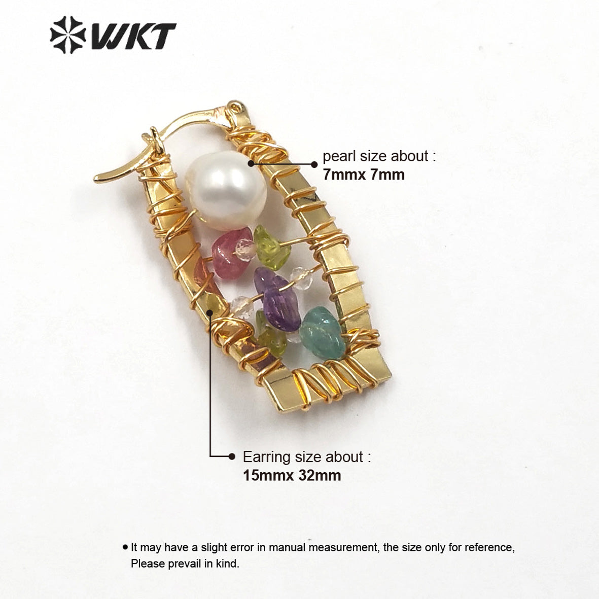 WT-E589 Long square Fashion Pearl Earrings in 18k Gold Plated Statement Lady Loved Stone Beads Wire Wrapped Earrings