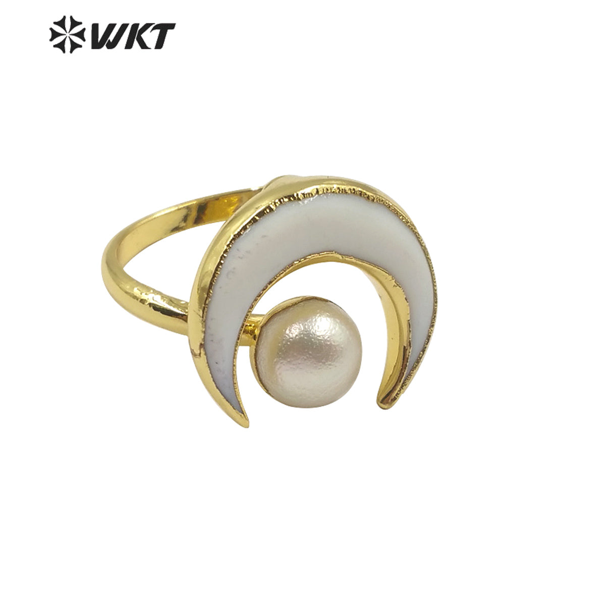 WT-R344 Unique Special Design Bohemian Crescent Shell Pearl Ring in 18k Gold Plated Women Fashion Pearl Ring
