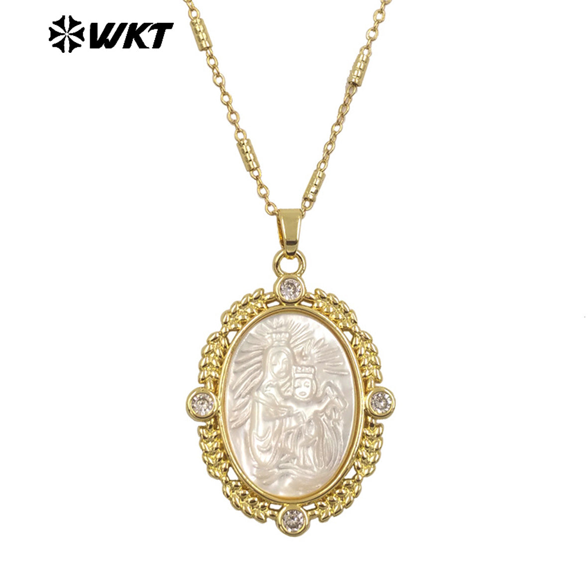 WT-JN274 Gorgeous New Design Elegant 18K Gold Bezel Setting Christian Religious Guardian Angel Shell Necklace