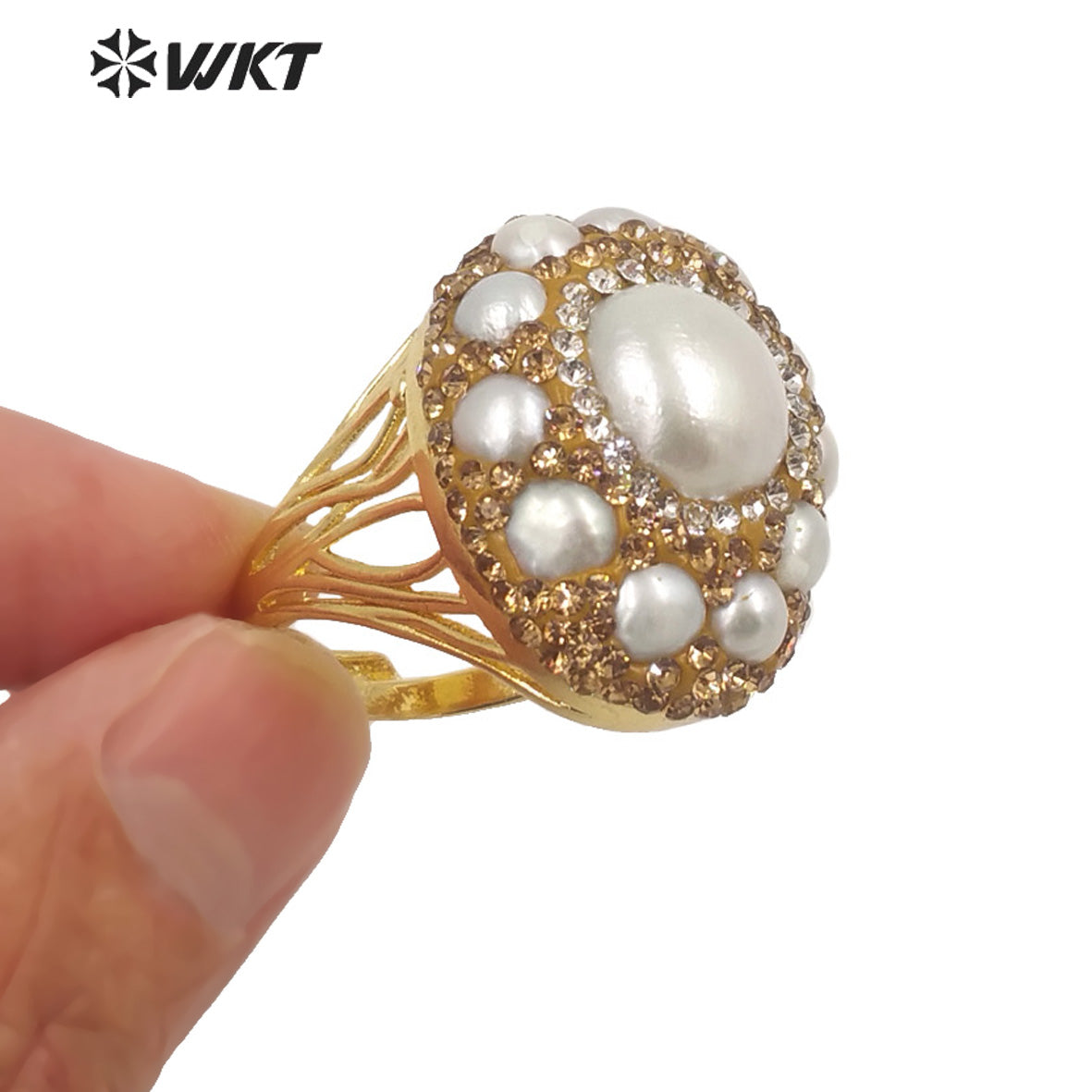 WT-MPR046 WKT Newest Handmade Rhinestone Setting Multi Pearl Ring Women Gold Plated Freshwater Pearl Wedding Ring for Gift