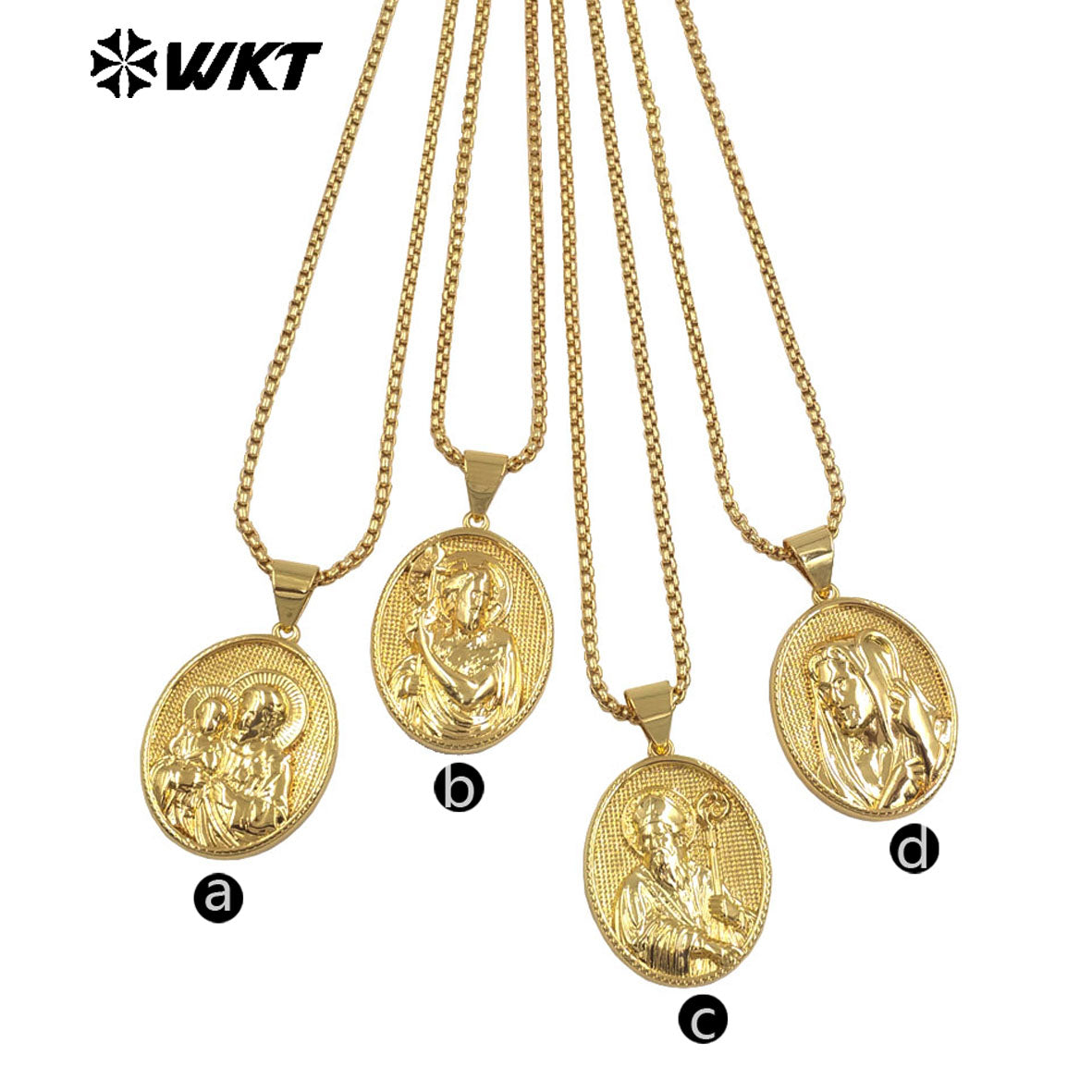 WT-JFN35 New Sales Yellow Brass Oval Shape Religion Pendant Necklace Multi Patterns Gold Plated Chain Women Daily Wearing