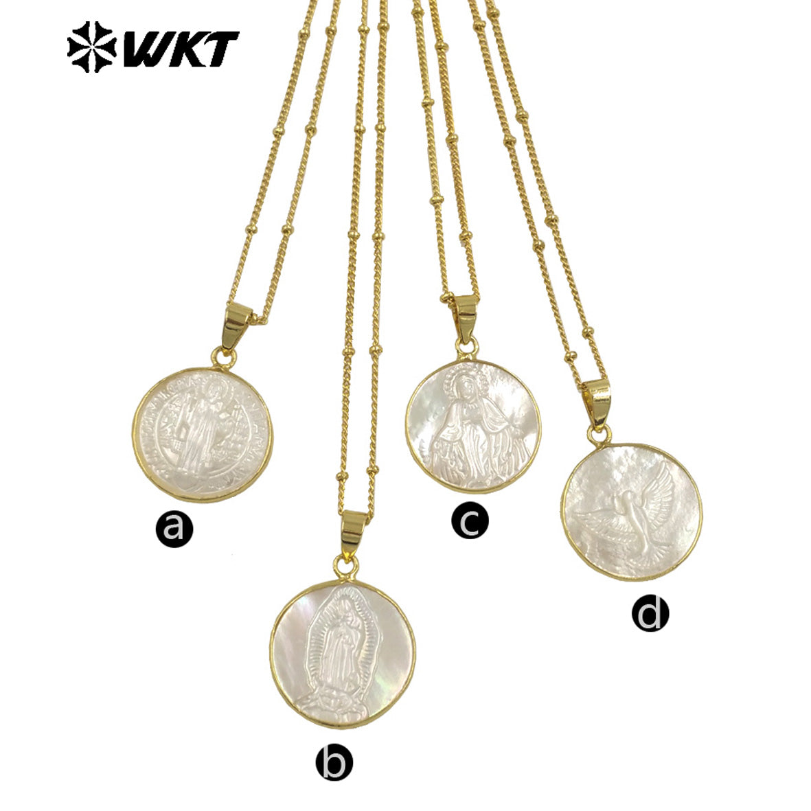 WT-JN032 New Hotsales White Shell Carved Mary of Guadalupe Pendant Necklace, Gold Bezel White Shell Jesus Mary Necklace