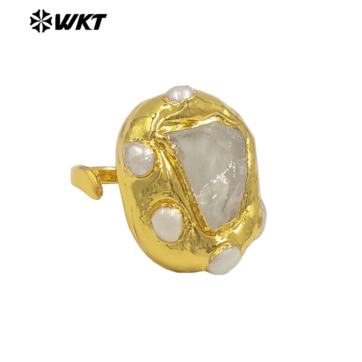 WT-MPR135 Top Quality Excellent Women And Men Jewelry Gold Electroplated With Raw Crystal Quartz Stone Adjustable Size Rings
