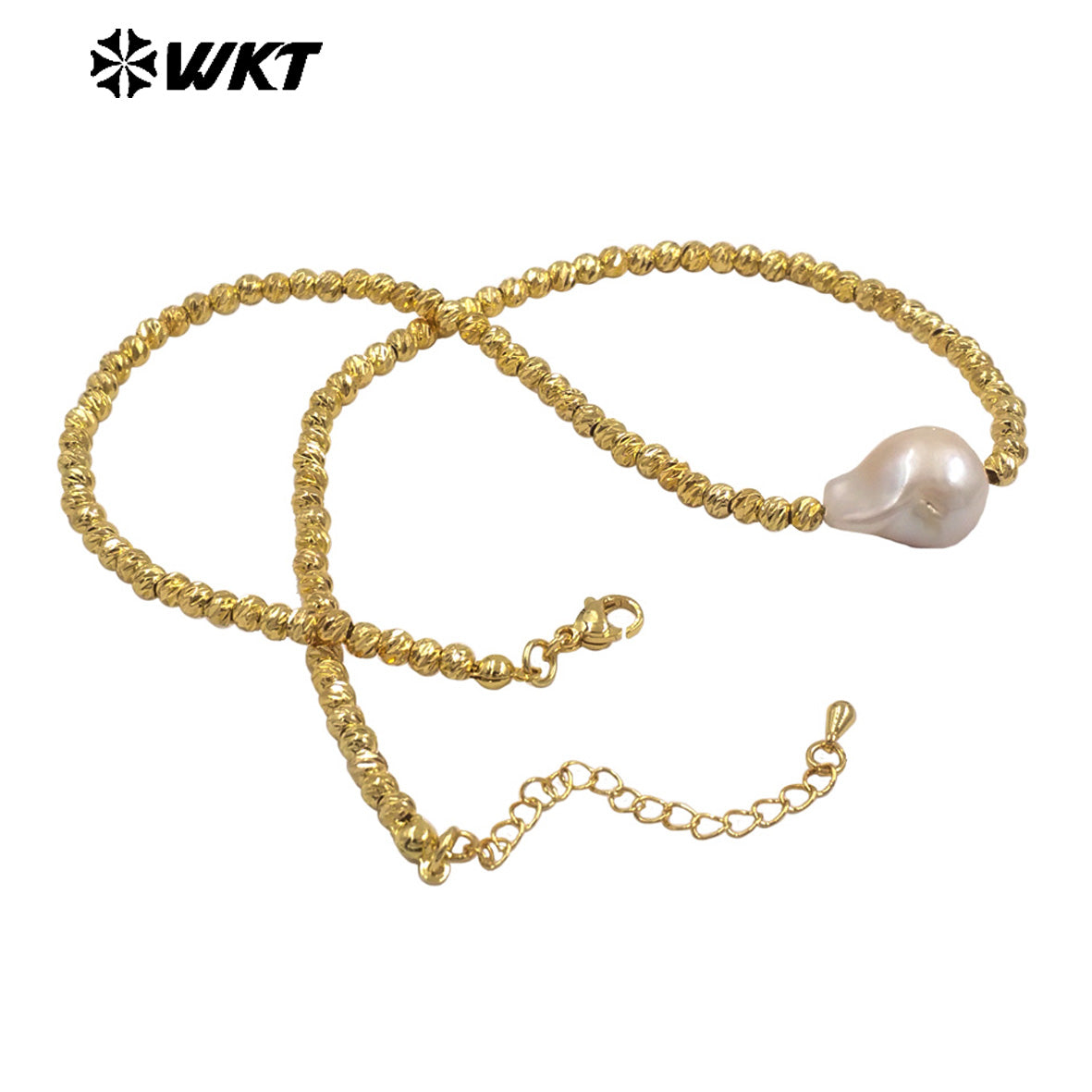WT-JN333 Classic And Simple Design Gold Plated Beads With Single Baroque Pearl Necklace For Women Luxury Jewelry Gift