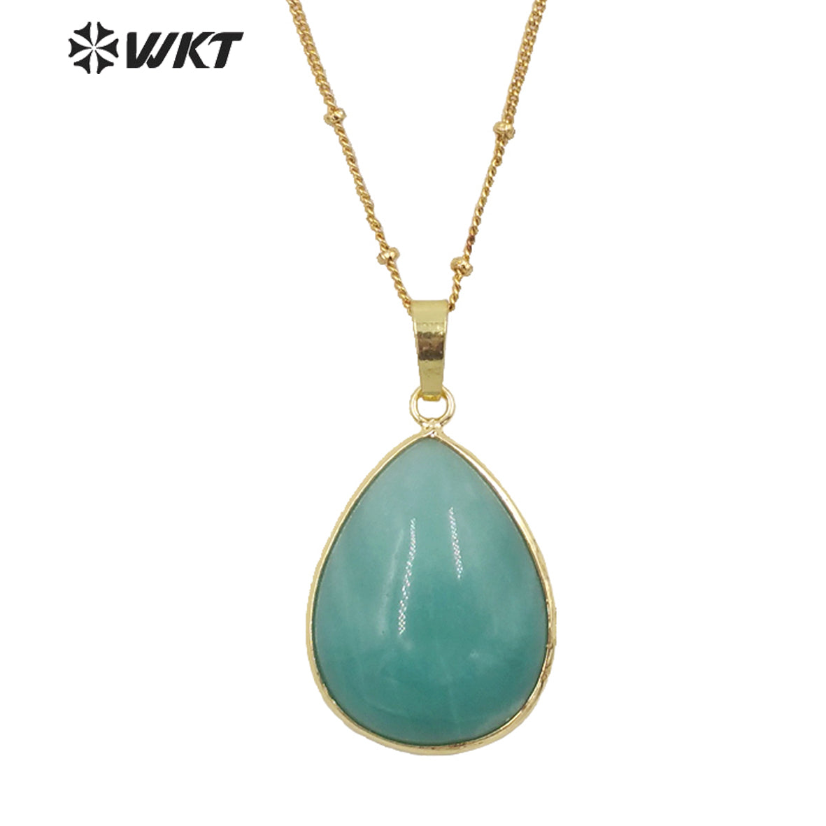 WT-N1292 Women 18 Inch Long Natural Teardrop Stone Necklace 18k Real Gold Plated Bezel Pear Drop Blue Necklace