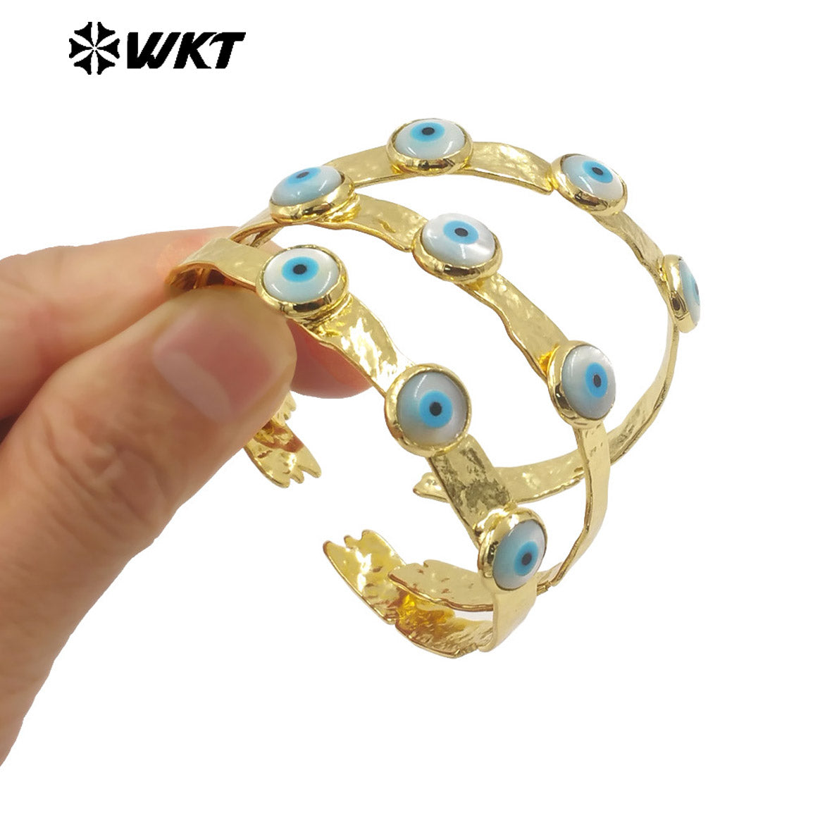 MPB113 Women Open Cuff Fashion Vintage Style Energy Religious Shell Turkey Eye Bangle for Women in 18K Real Gold Plated