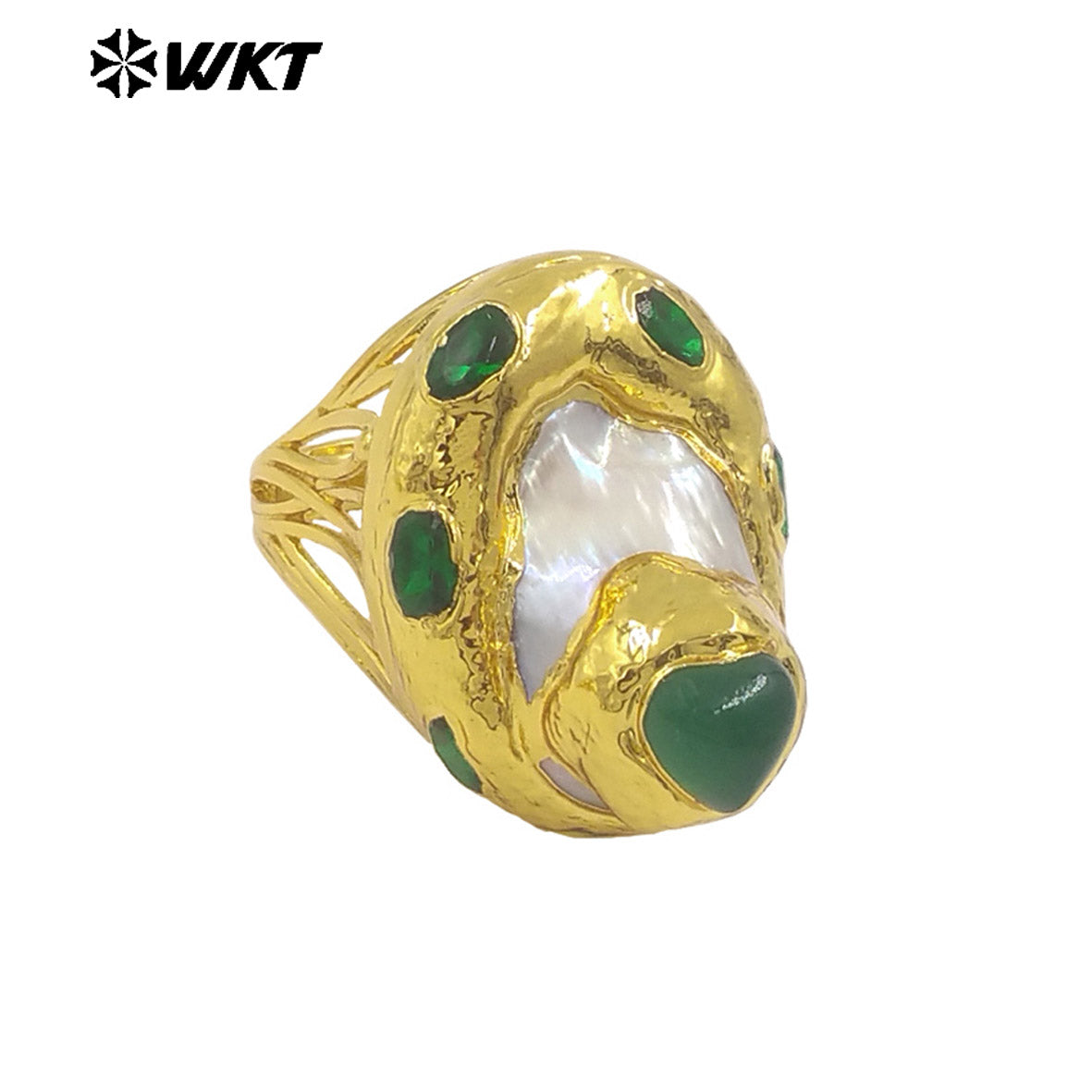 WT-MPR141 Wonderful Small Natural Green Jade And Larimar Stone With Pearl Gold Plated Rings For Women Boutique Jewelry
