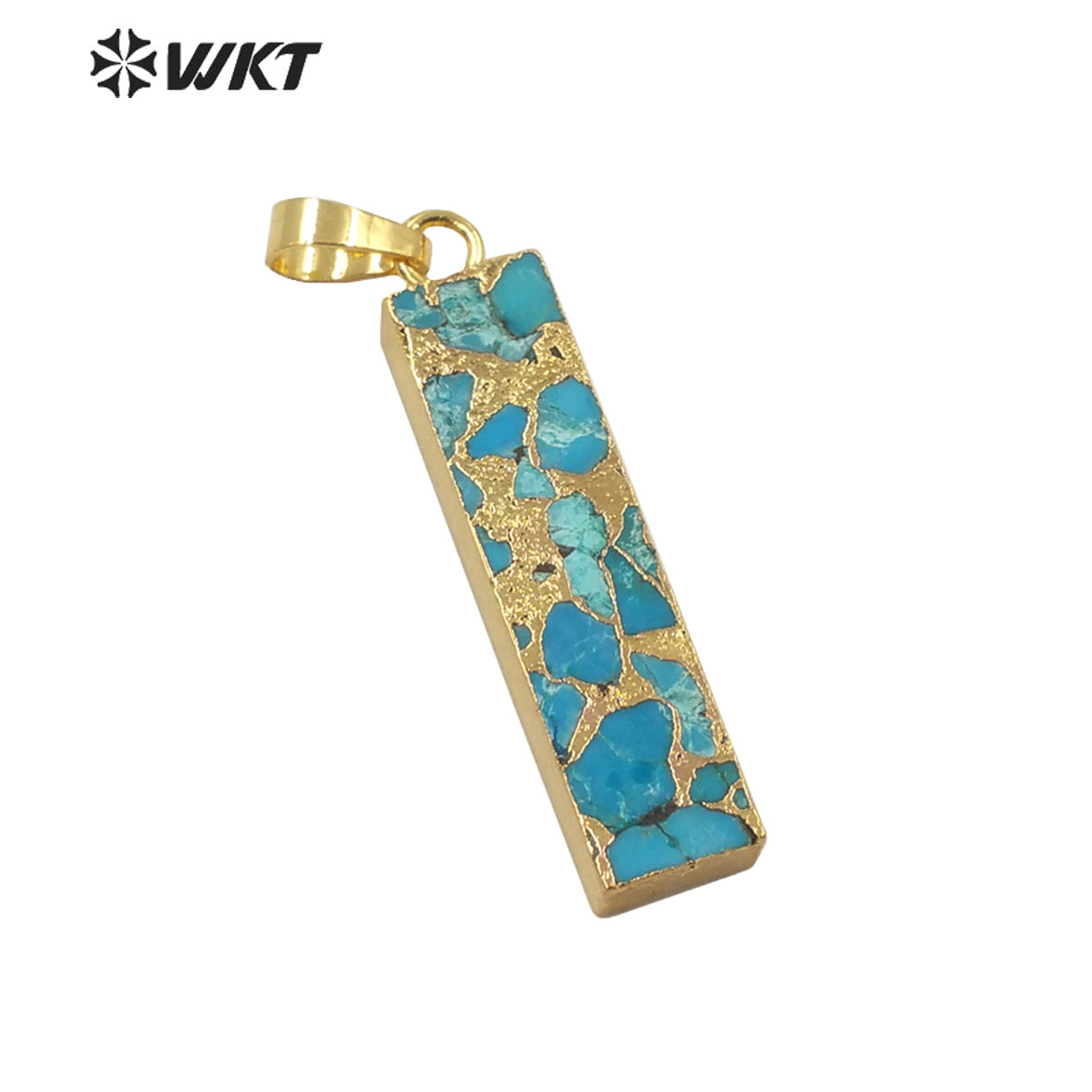 WT-P1697 Wholesale Natural New Copper Turquoise Long Bar Pendant Gold Electroplated Trim Rectangle Stone Pendant Jewelry