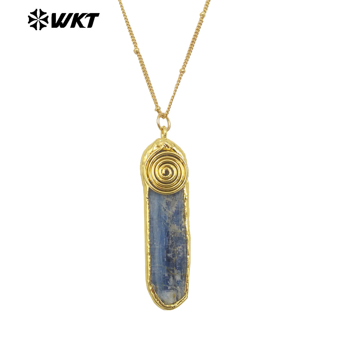 WT-N1466 Amazing Special Hand Craft Gold Plated Randomly Shape Natural Raw Blue Kyanite Pendant Necklace