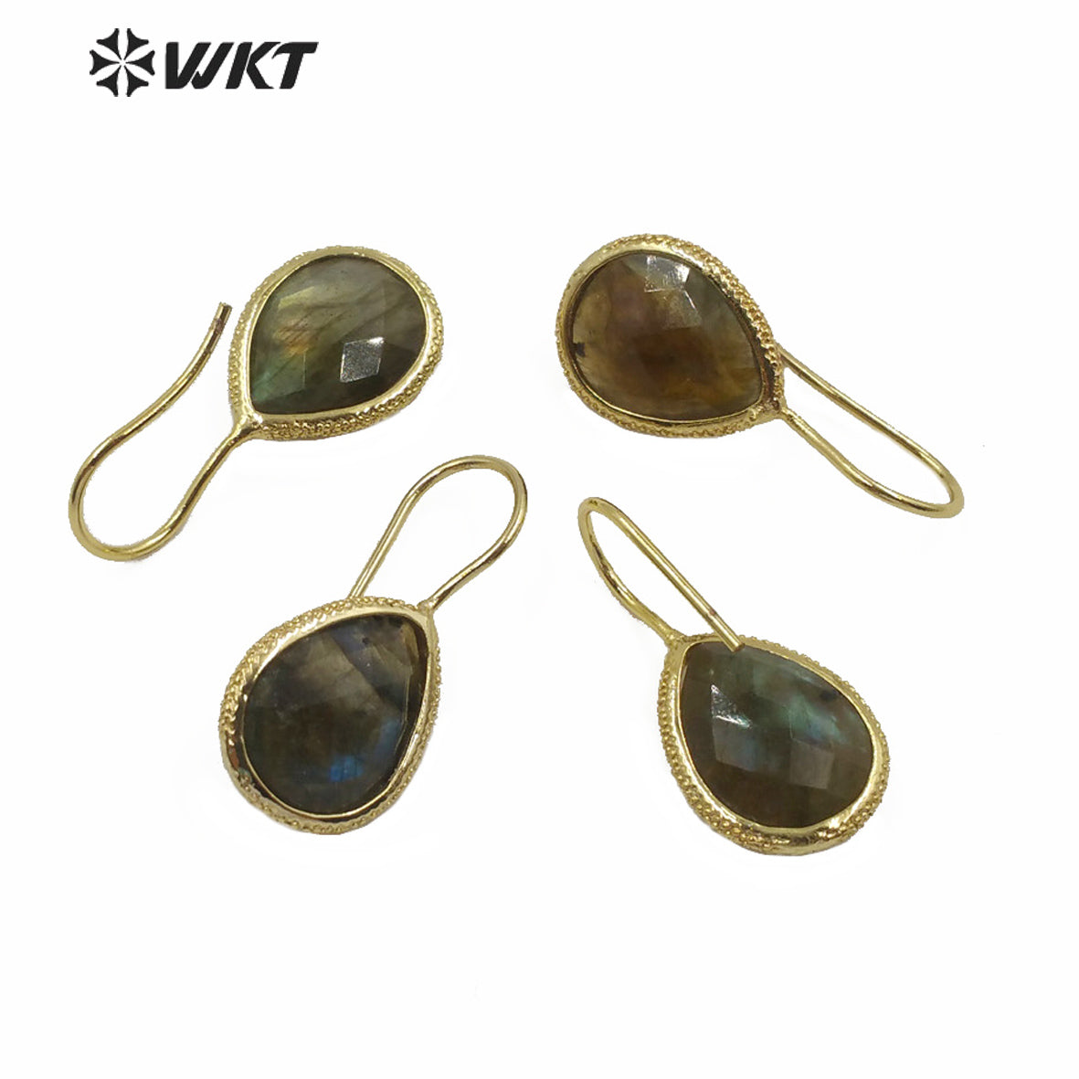 WT-E620 WKT Gold Bezel Tiny Water Drop Shape Labradorite Hoop Earrings Women Fashion Gold Stone Hoop Earrings As Gift
