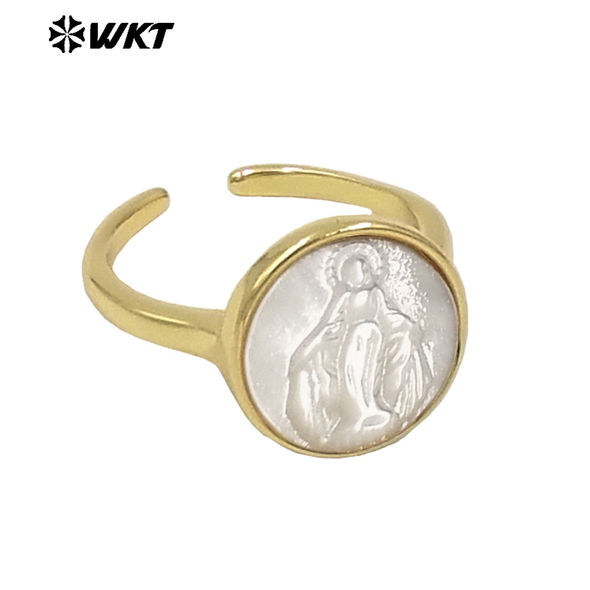 WT-MPR091 WKT New Religious Jewelry Design Elegant White Mop Carved Lady of Grace Saint Ring for Women