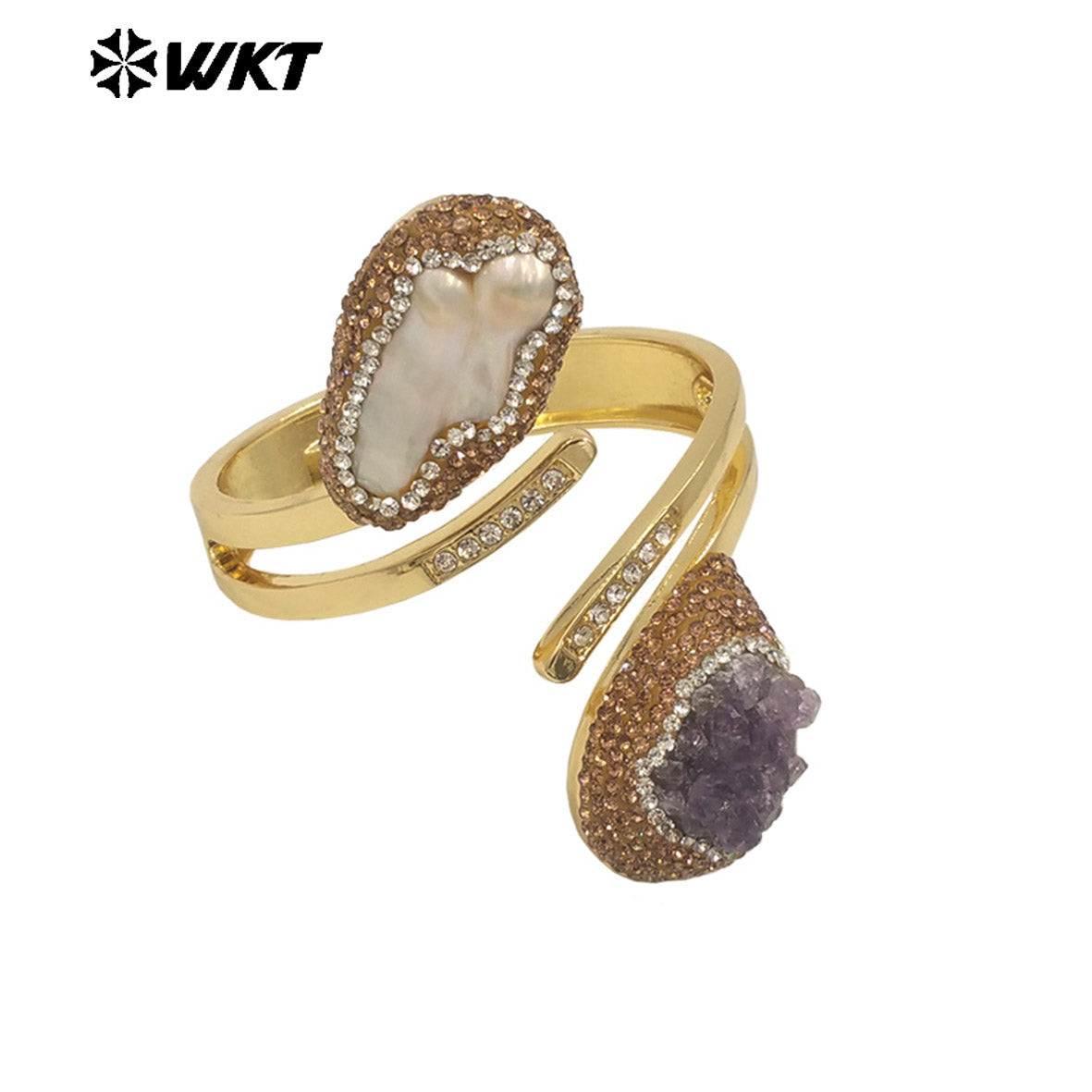 MPB126 Newest Unique Design 18K Gold Plated Natural Amethyst Stone and Pearl Bangle in Adjustable Size for Women Jewelry