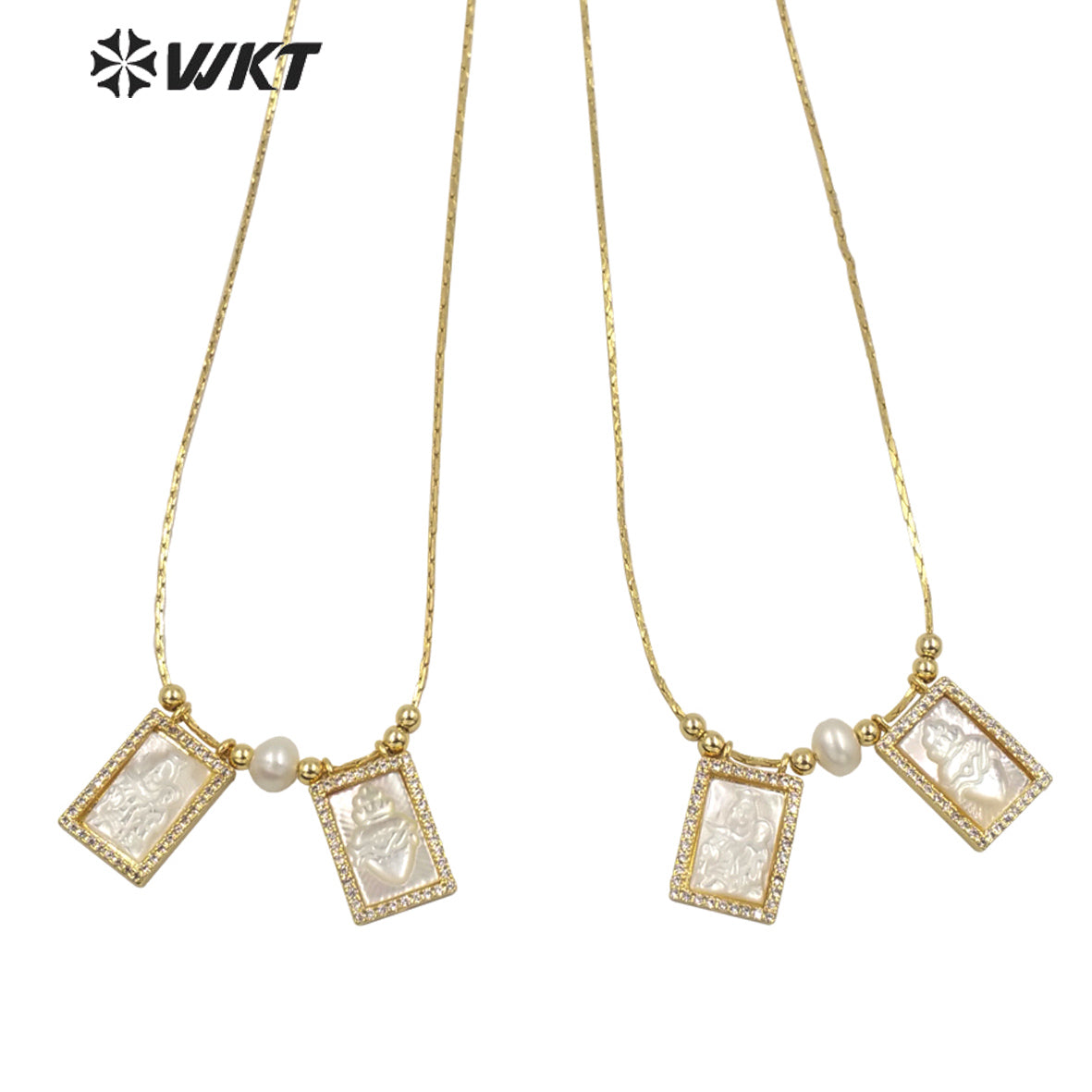 WT-JN137 Super Hot White Mother of Pearl Carved Saint Mary Heart Charm Necklace Gold Double White Shell Mary Christian Necklace
