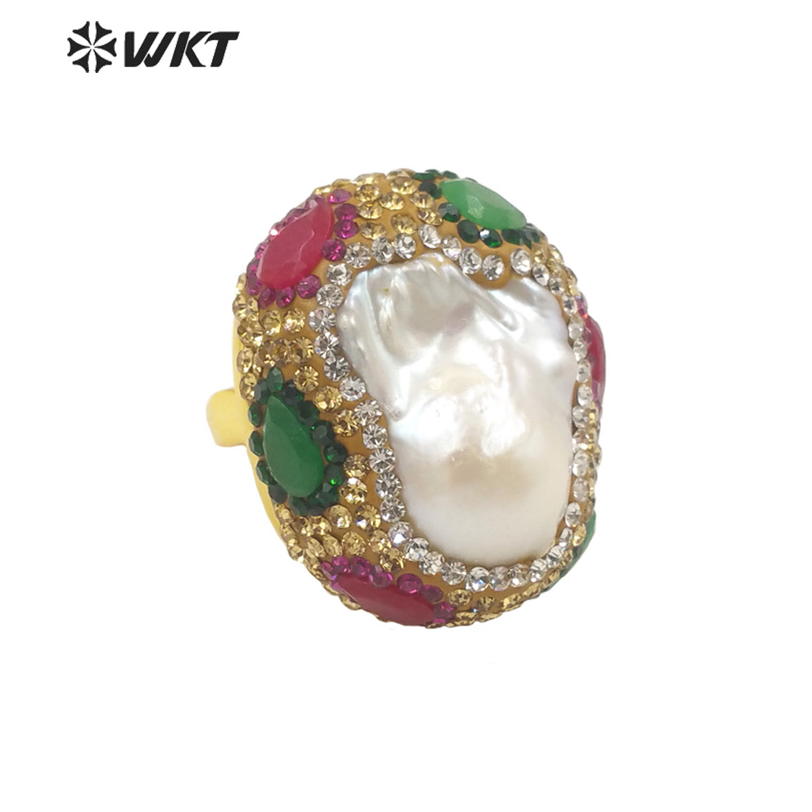 WT-MPR034 Pretty European and American Fashion Ball Pearl Ring Color Zircon Ring with 18k Gold Plated Adjustable Pearl Ring