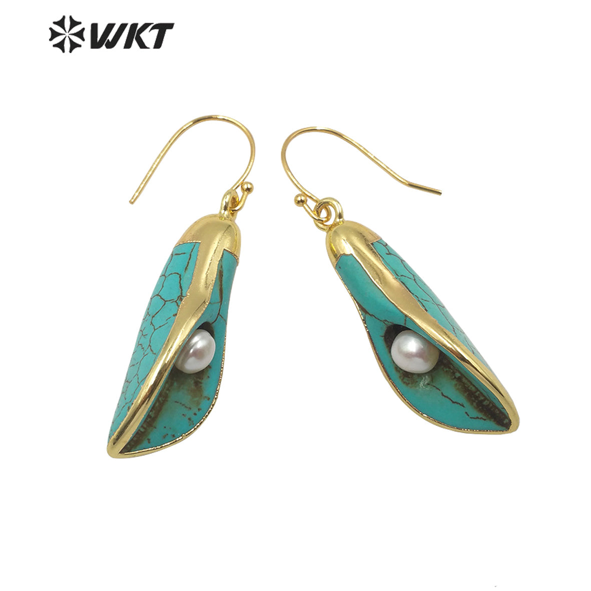 WT-E605 Fashion Natural Turquoise Earring With Pearl Charm Speaker Shape Flower Earring Turquoise Hoop Earrings