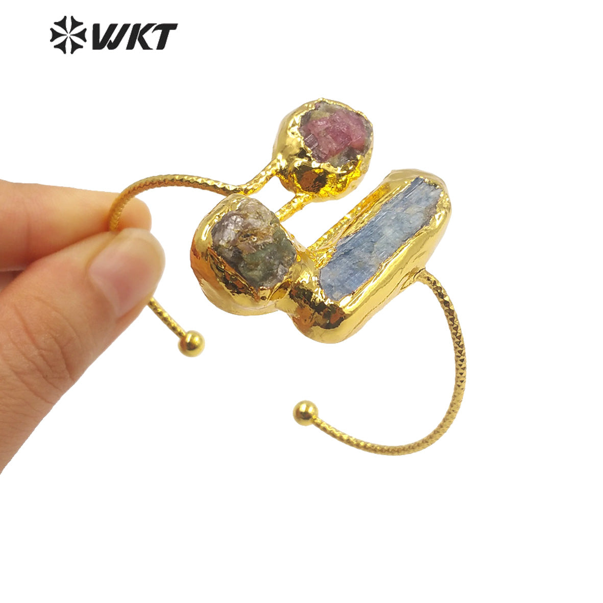 WT-B621 Gorgeous Fashion Triple Natural Stone Bangle Open Size Cuff Adjustable Kyanite Bangle Handmade Gold Anniversary Gift