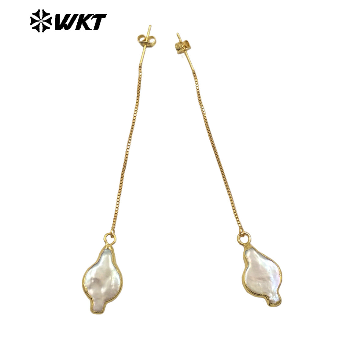 WT-MPE153 High Quality Natural Freshwater Pearl Long Earrings Gold Plated Double Design for Elegant Ladies Tiny Charm Jewelry