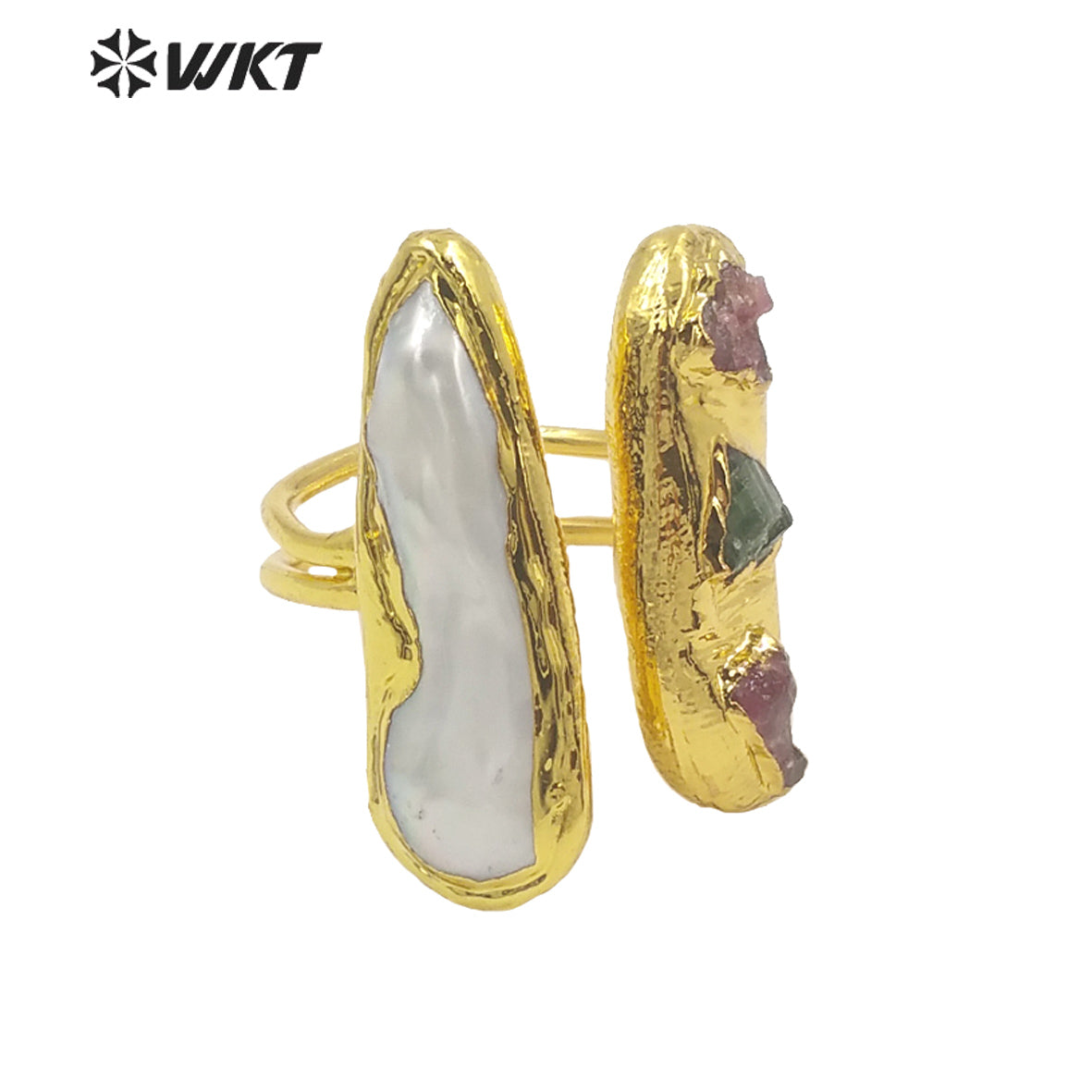 MPR017 WKT Women Gorgeous Gold Electroplated Pearl and Tourmaline Stone Ring Fashion Gemstone Cocktail Ring for Party
