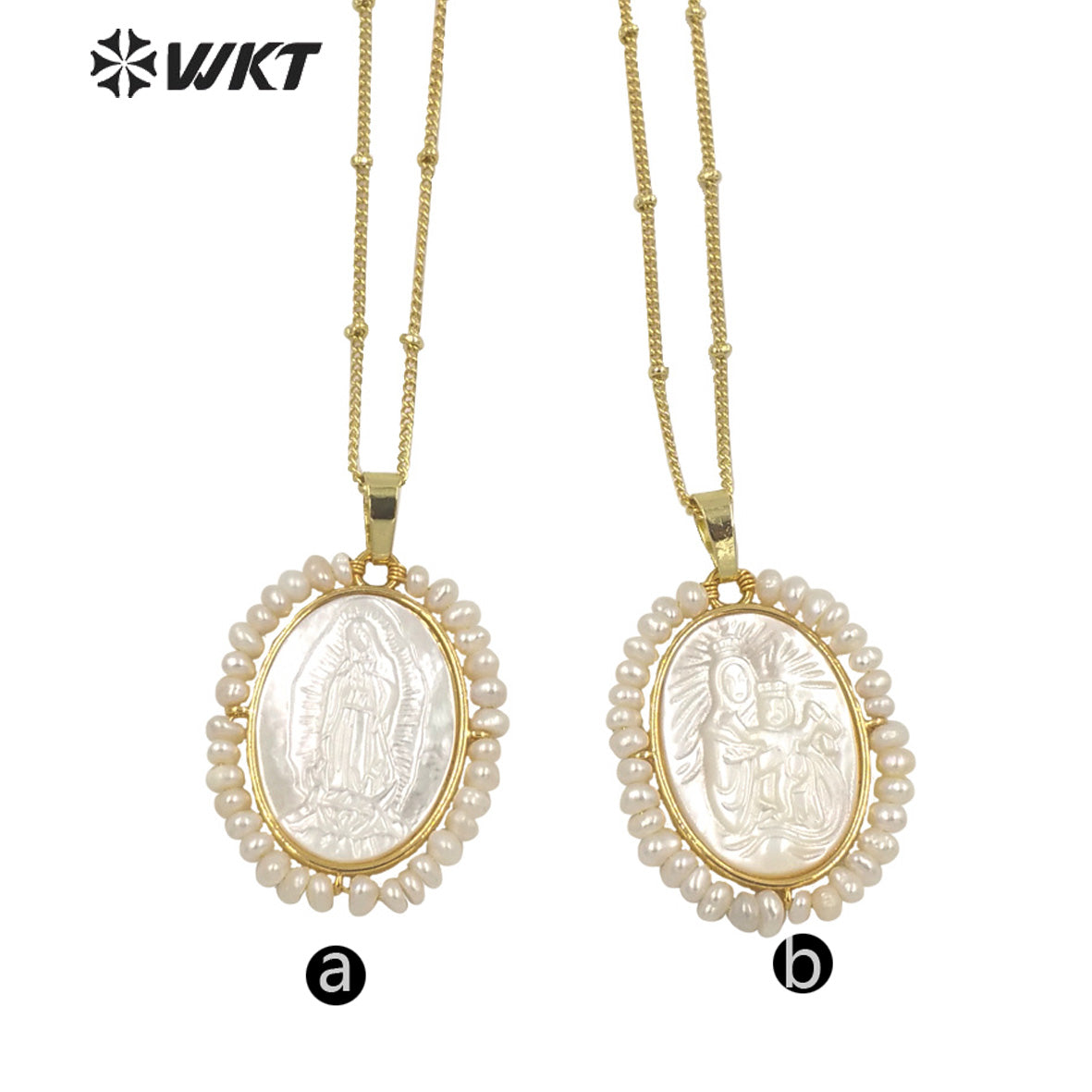 WT-JN158 Wholesale Unique Handmade Fashion Gold Bezel WIRE Wrapped Virgin Mary Pendant Necklace Freshwater Pearl Charm Necklace