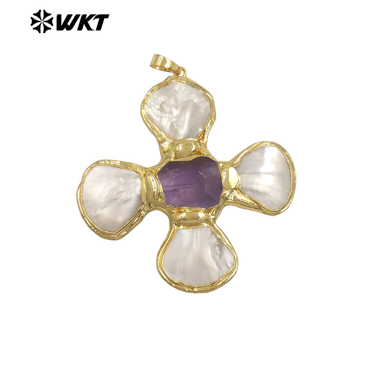 WT-JP425 Fashion Attractive Gold Plated Shell Middle With Natural Gemstones Flowers Shape Pendant For Jewelry Diy Making