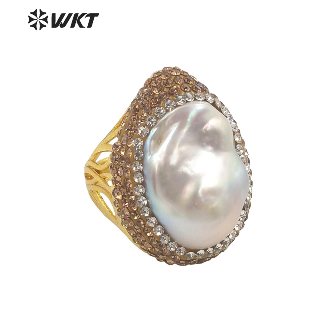 WT-MPR039 Gorgeous Fashion 18k Real Gold Bezel Big Baroque Pearl Rhinestone Ring Royal Value Birthday Ring for Women
