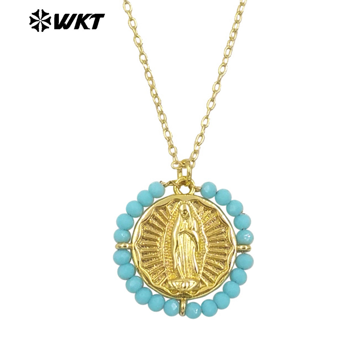 WT-MN986 Amazing New Hand Made Design Wire Wrapped Beads Decorate Big Round Religious Virgin of Guadalupe Necklace