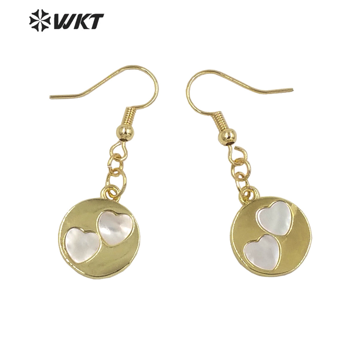 WT-MPE082 Wholesale Fashion Gold Bezel Shell Made Round Earrings Unique Star Moon Pendant Earrings Lovely White Shell Earrings