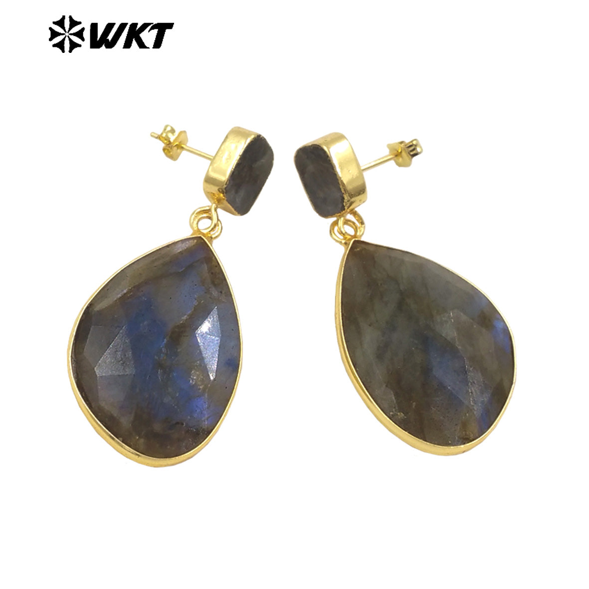 WT-E675 WKT New Gorgeous Natural Labradorite Stone Earrings Gold Trim High Quality Stone Dangle Earrings for Women Birthday