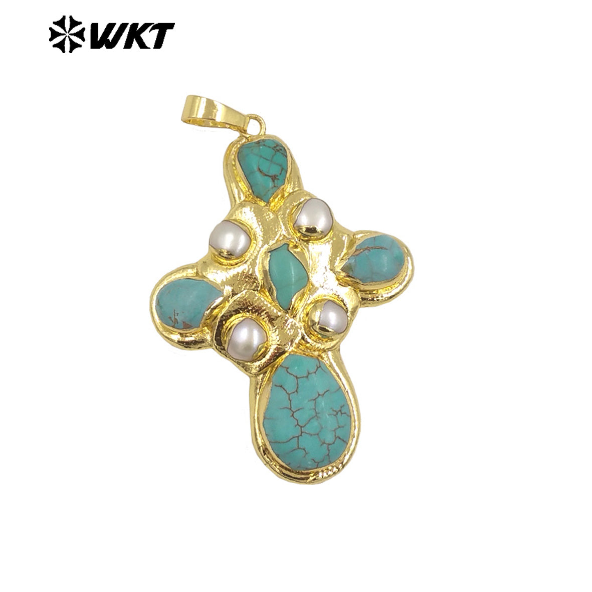 WT-JP384 Specially Designed Religious Unisexual 18K Gold Plated Cross Shaped Pearl and Turquoise Pendant As Daily Decoration