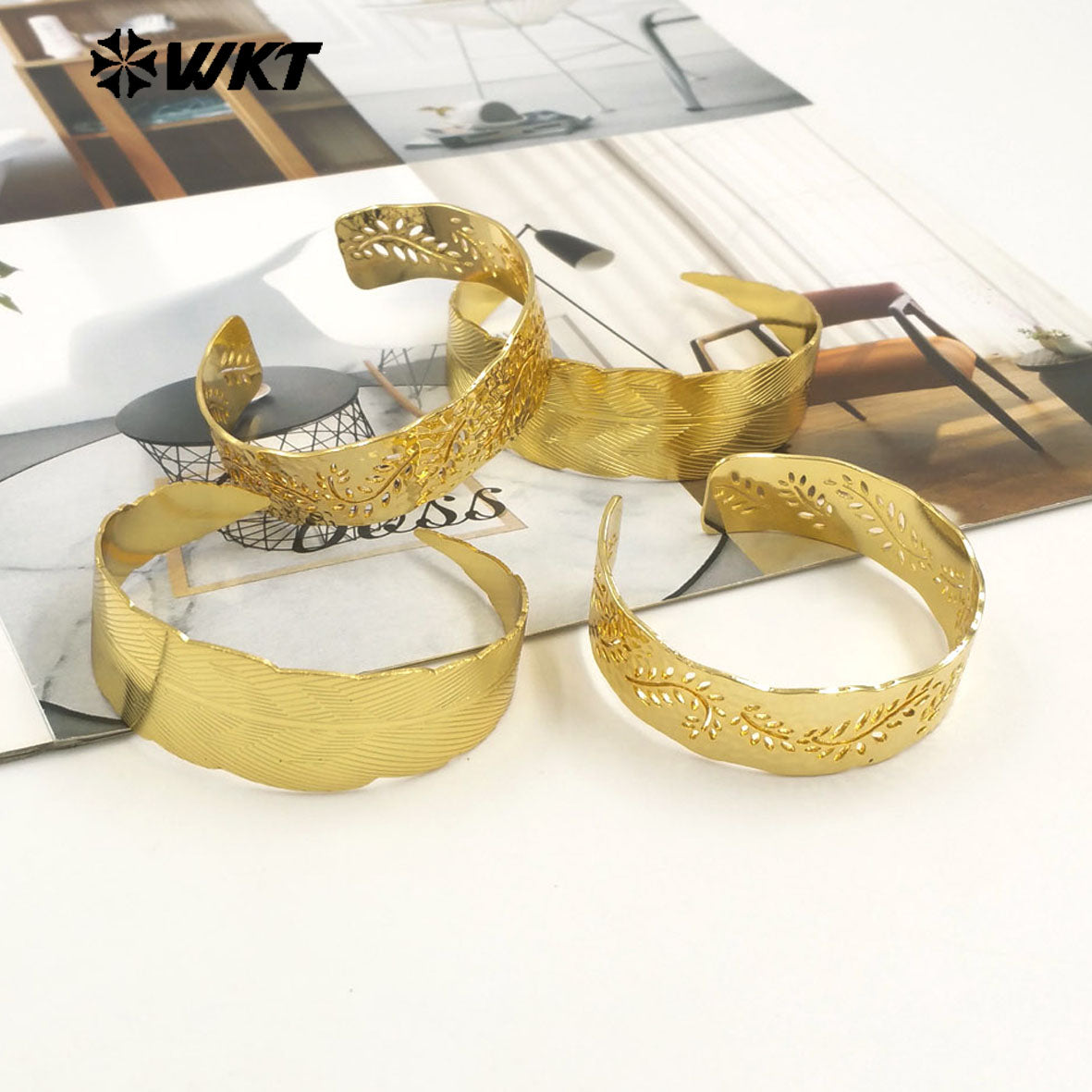 WT-B690 New Design Elegant and Simple 18K Gold Plated Natural Brass Adjustable Leaf Pattern Bracelet for Women Party Accessory