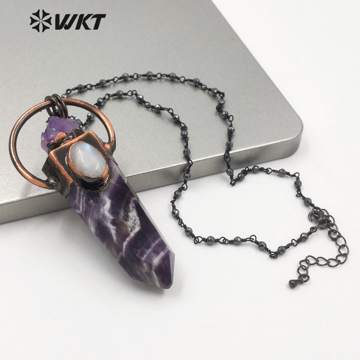WT-N1264 WOMEN Antique Copper Plated Natural Amethyst Stone Necklace Fashion Energy Stone Point Amethyst Lucky Necklace