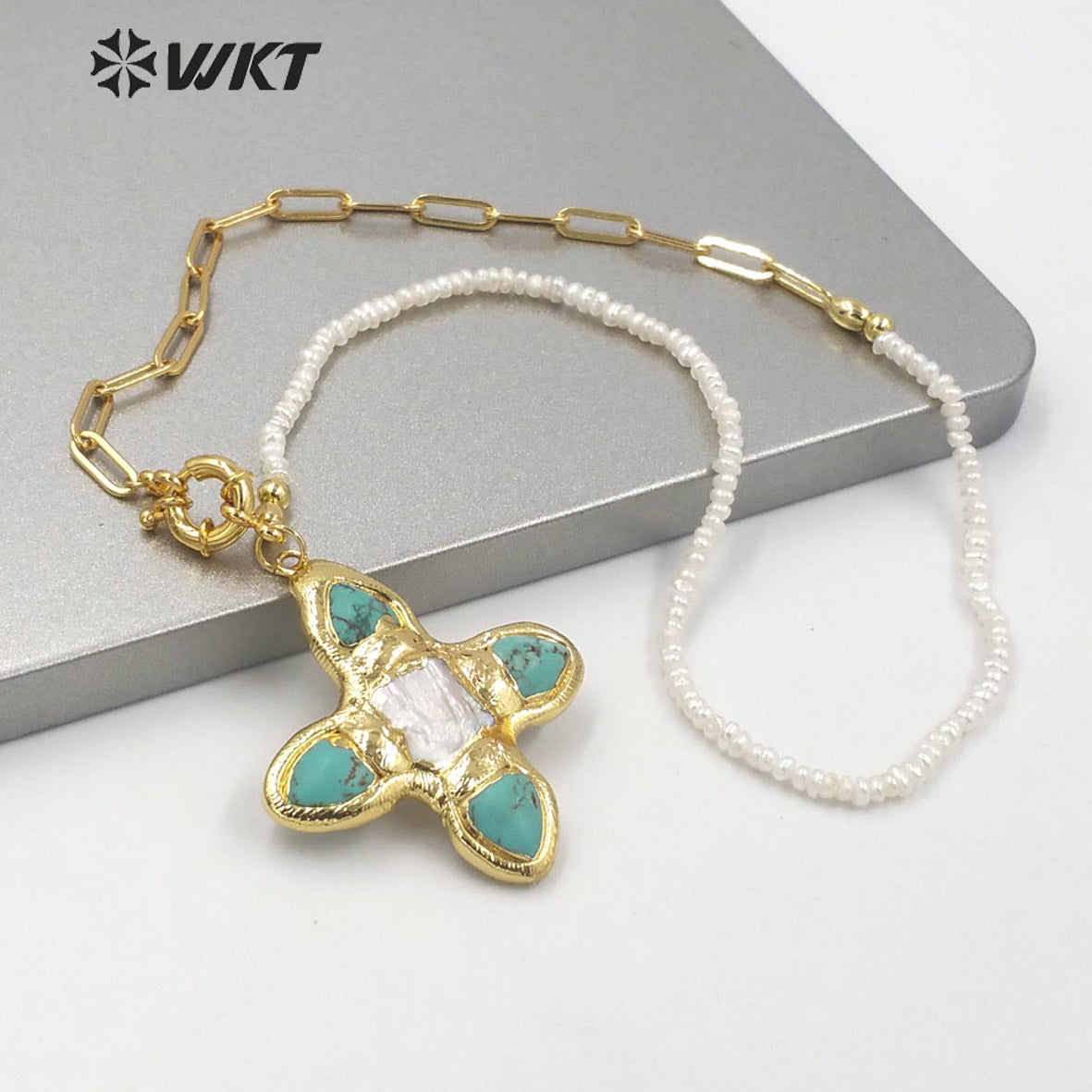 WT-JN150 WKT Newest Design Natural Turquoise and Pearl Mix Design Necklace 18k Real Gold Plated Elegant Office Lady Necklace
