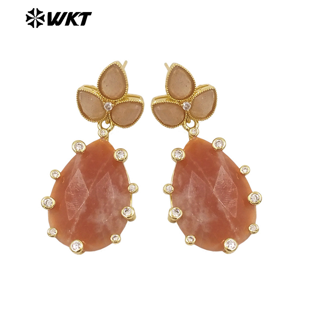 WT-E756 Gorgeous Precious Natural Amazonite Amethyst Gemstone Carved Long Teardrop Earrings With Zircon Around Trend Style