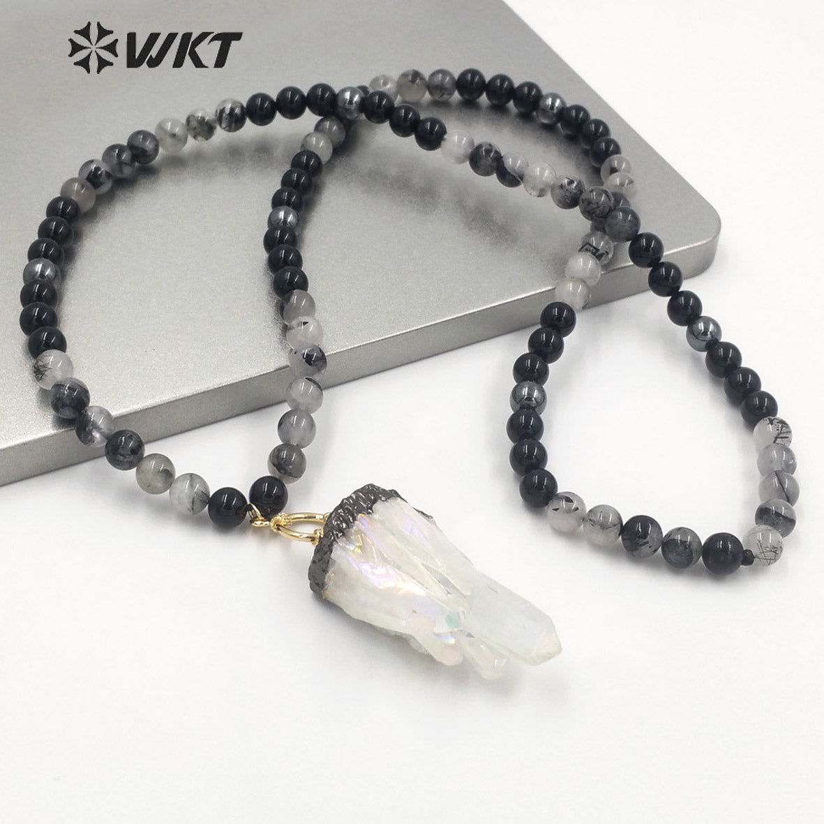 WT-N1279 Wholesale Black Gun Electroplated Aura Crystal Quartz Beads Necklace Amazing Spirit Quartz Stone Necklace