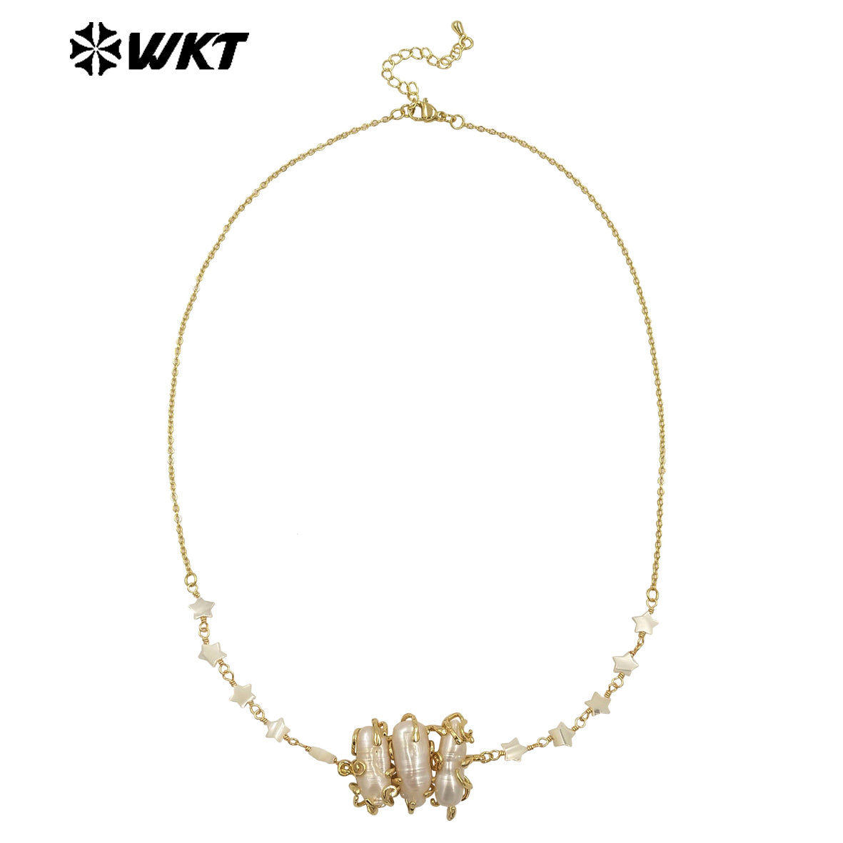 WT-JN302 Wholesale Popular Exquisite 18K Gold Plated Star Beads Inlaid Oval Large Pearl Necklace for Girl As Anniversary Gift