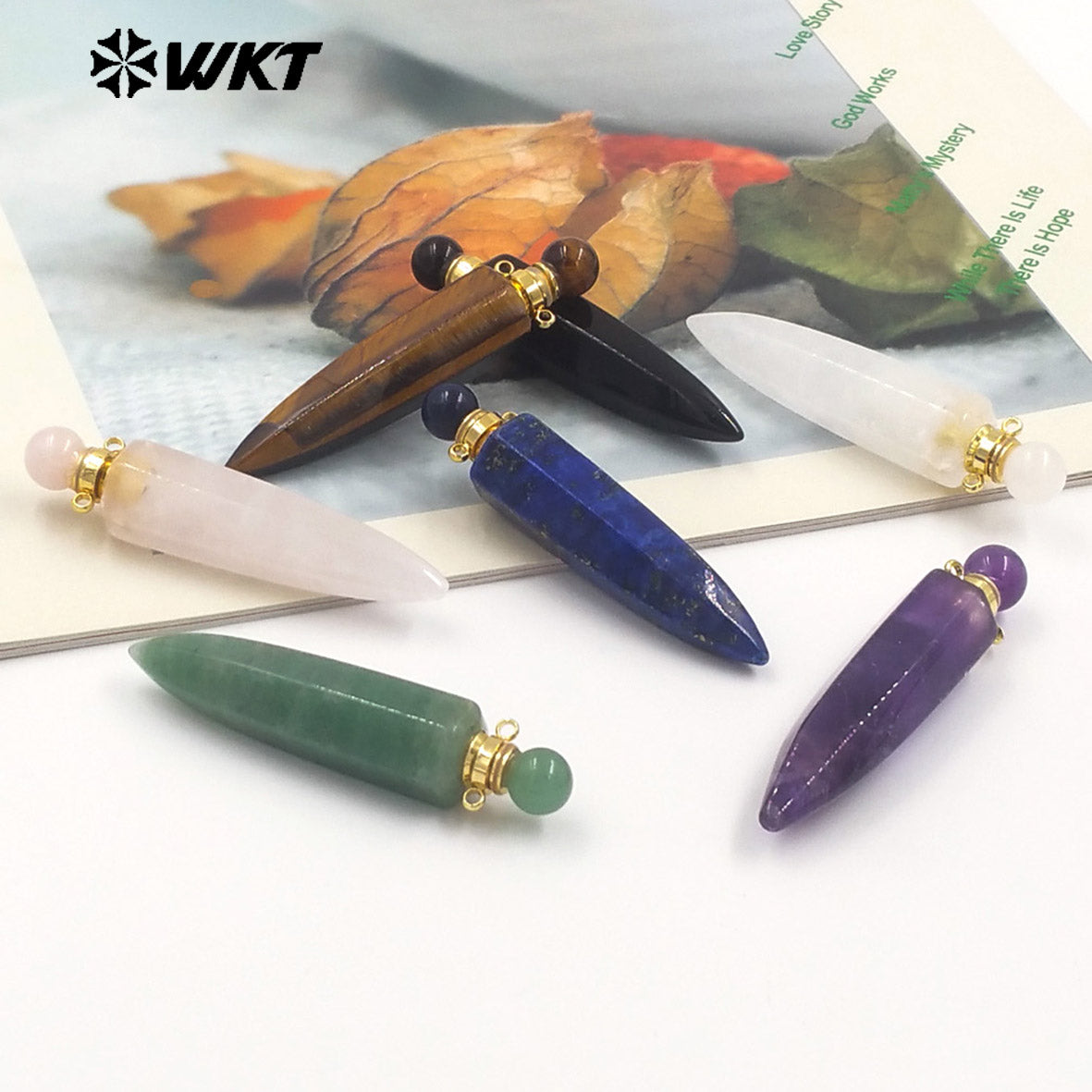 WT-P1984 Wholesale Fashion Gold Plated Long Bullet Shape Natural Lapis Amethyst Quartz Stone Made Women Perfume Bottle Pendants