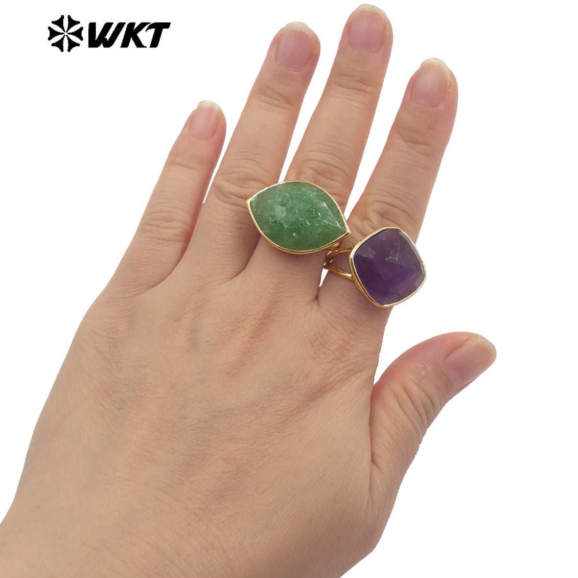 WT-R564 Wholesale Fashion Gold Plated Natural Stone Bezel Setting Square Amazonite Labradorite Gemstone Ring