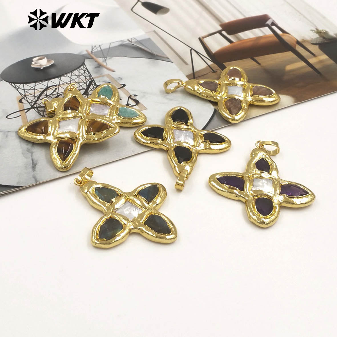 WT-P2010 Popular Sales Gold Plated Natural Gemstones Amazonite Amethyst Stone With Pearl Cross Shape Pendant For Jewelry DIY