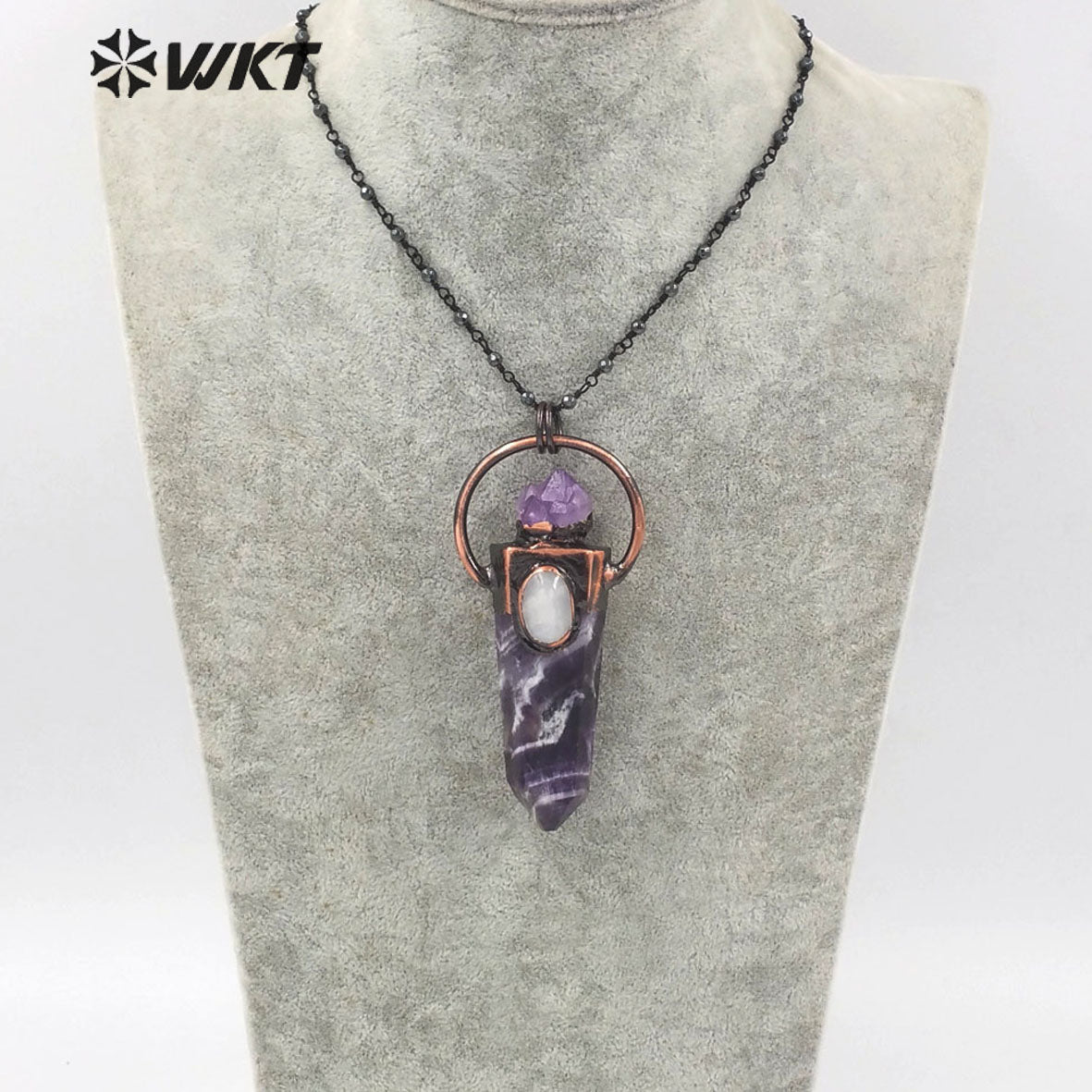 WT-N1264 WOMEN Antique Copper Plated Natural Amethyst Stone Necklace Fashion Energy Stone Point Amethyst Lucky Necklace