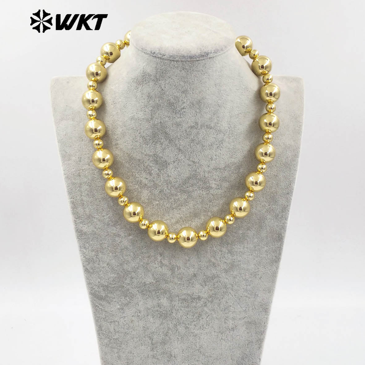WT-JFN15 New Popular Simple Cool 18K Real Gold Plated 16MM Big Brass Ball Beads Women Necklace With Extend 18inch Long