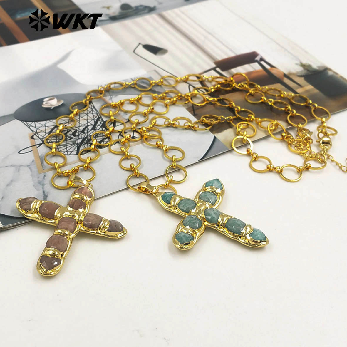 WT-N1491 Amazing High Quality Natural Gemstone Christian Necklace Cross Shape Gold Plated Circle Chain in Multi Colors