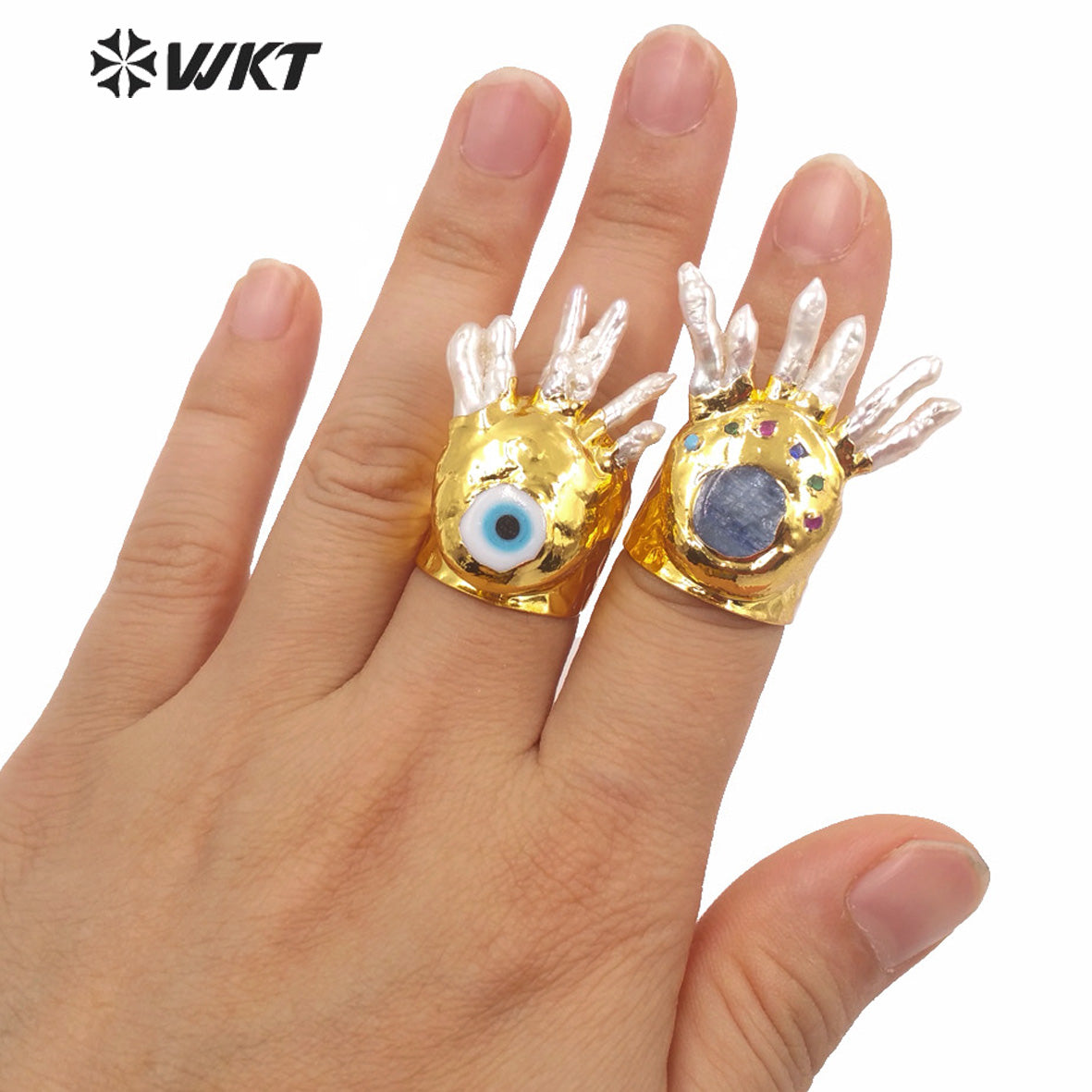 WT-MPR009 Amazing Unique Gorgeous Evil Eye Gold Ring Fashion Lady Punk Style Party Pearl Ring Natural Freshwater Pearl Eye Rings