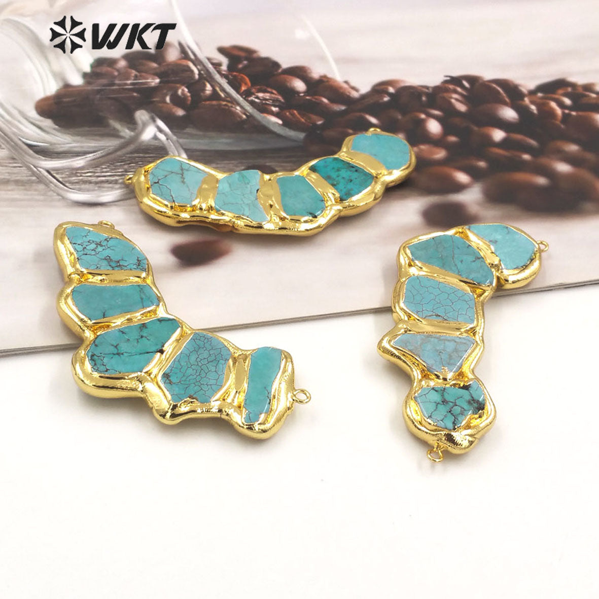 WT-P1955 New Design Five Turquoise Stone Assemble Made Vintage Bohemian Gold Plated Double Loops Necklace Findings