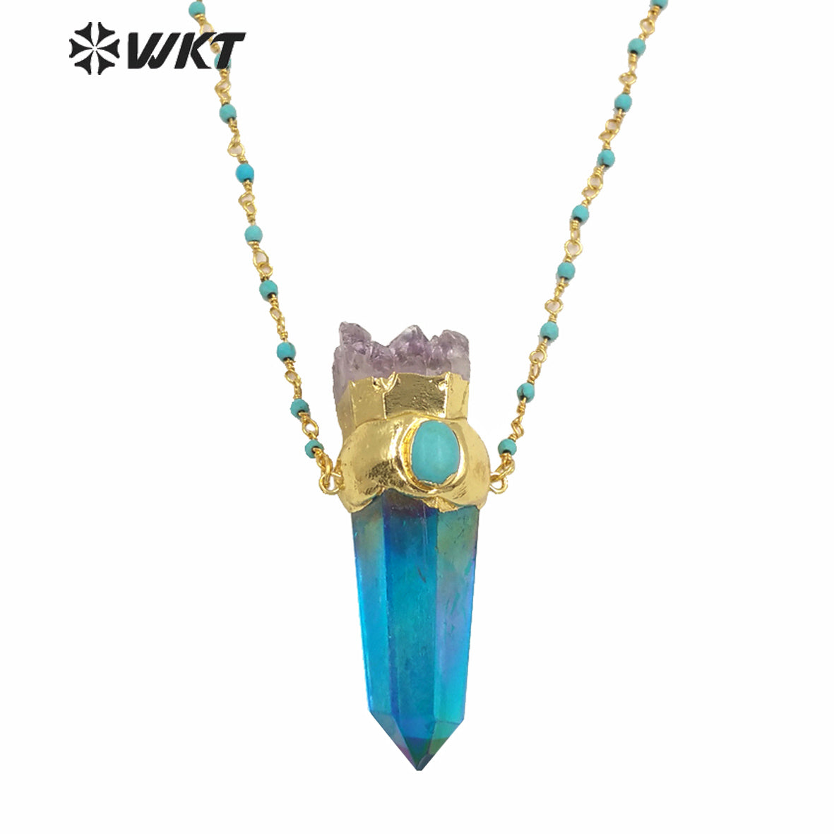 WT-N1252 Wholesale Gold Electroplated Natural Aura Spirit Quartz Necklace Women Fashion Chunky Crystal Point Quartz Necklace