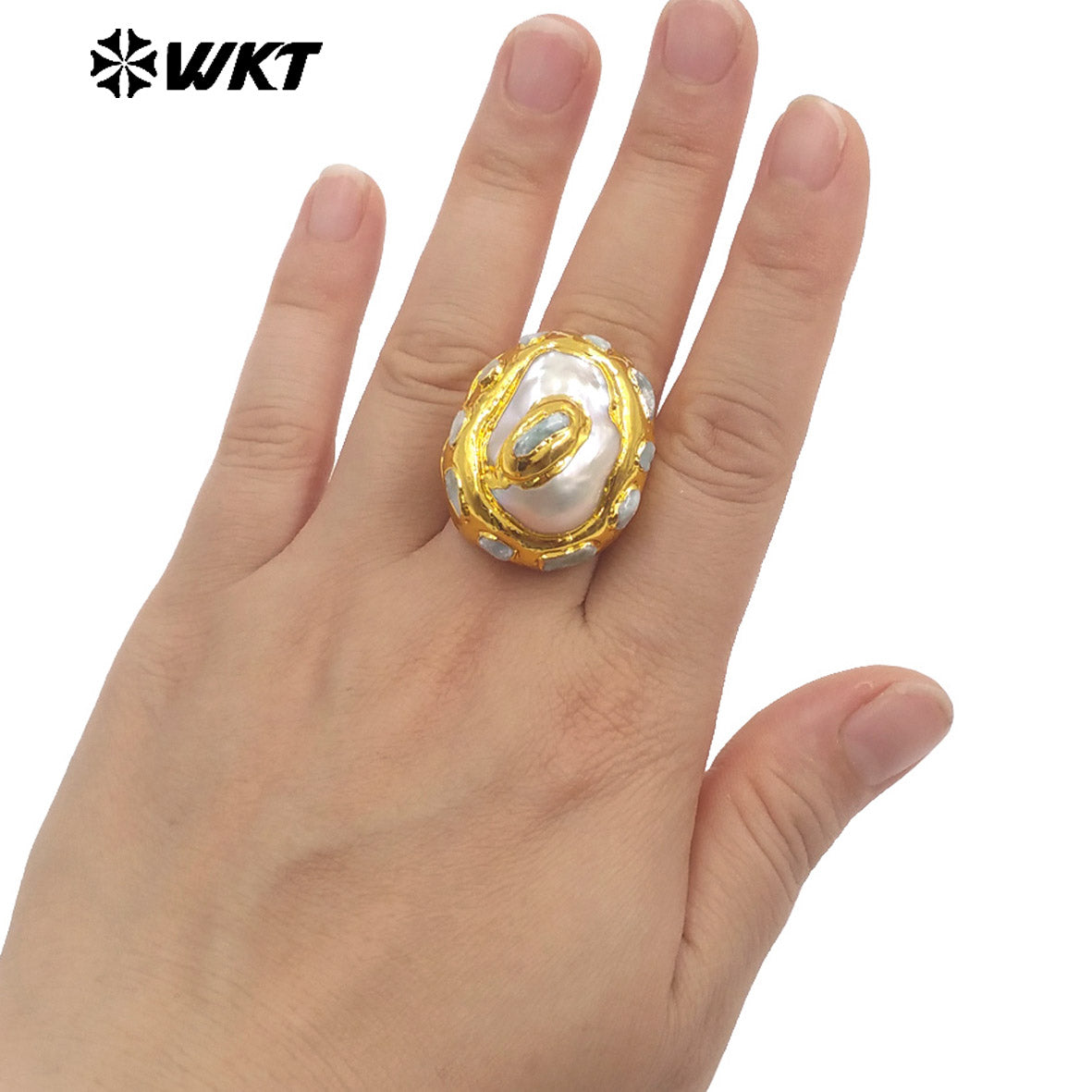WT-MPR141 Wonderful Small Natural Green Jade And Larimar Stone With Pearl Gold Plated Rings For Women Boutique Jewelry