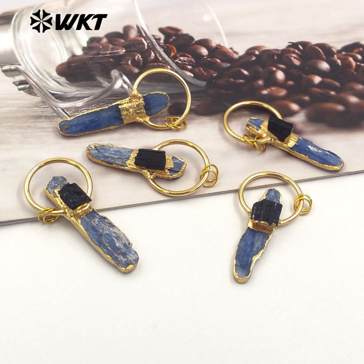 WT-P1968 New Design 2024 Vintage Bohemian Natural Raw Blue Kyanite With Black Tourmaline Lucky Jewelry Pendants