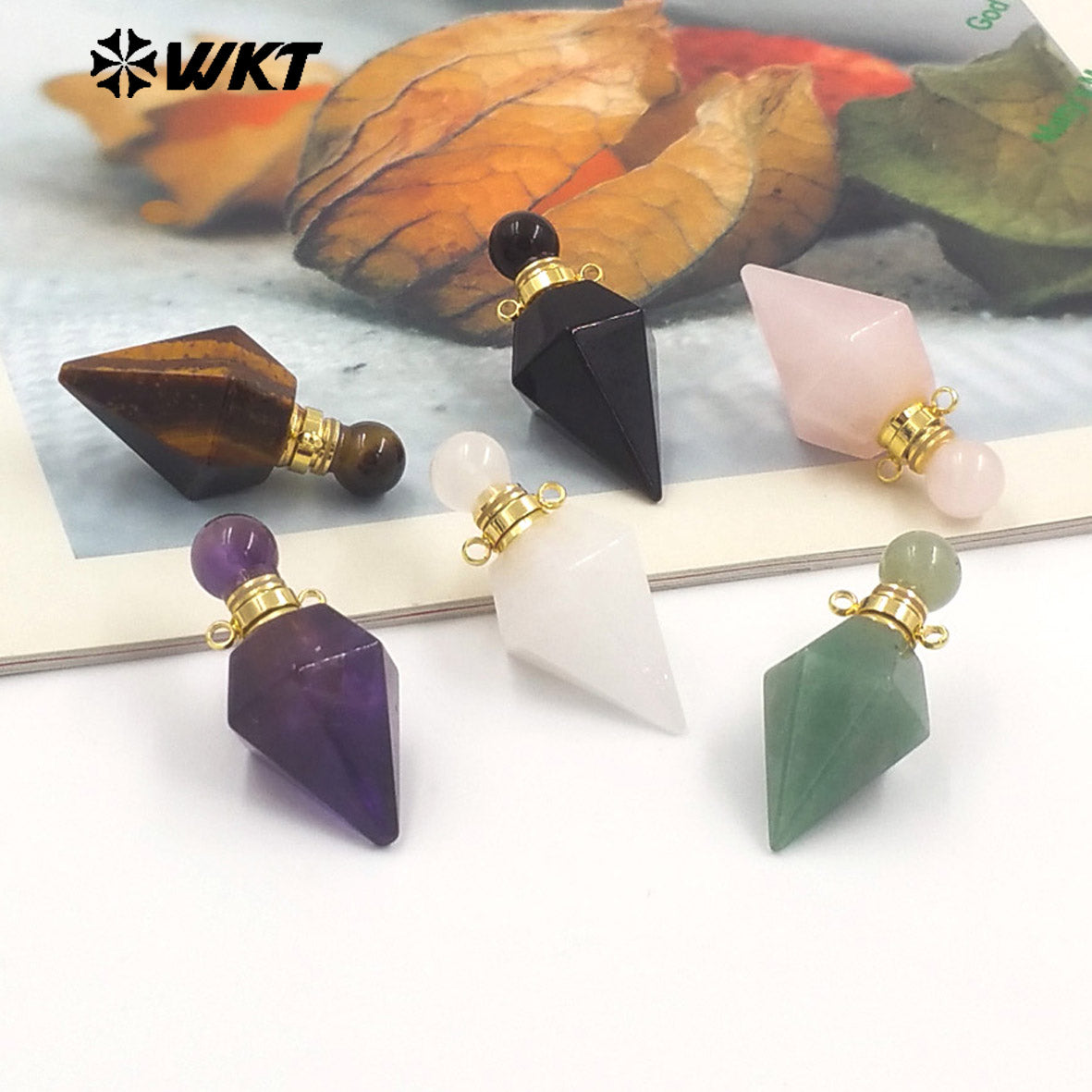 WT-P1983 Wholesale Fashion 18K Gold Plated Stainless Steel Double Loops Bullet Point Natural Quartz Perfume Bottle Pendant