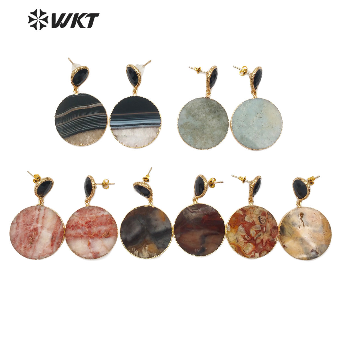 WT-E562 Wholesale Natural Stone Sliced Round Earrings Elegant Noble Fashion Slice Natural Stone Earrings