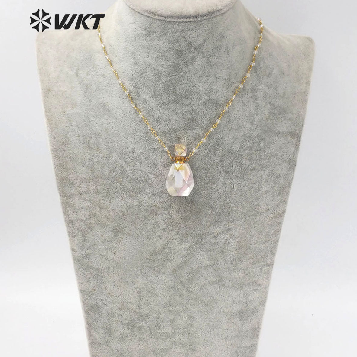 WT-N1235 NEWEST WKT Fashion Gold Electroplated Faceted Aura Crystal Quartz Point Perfume Bottle Necklace As Gift