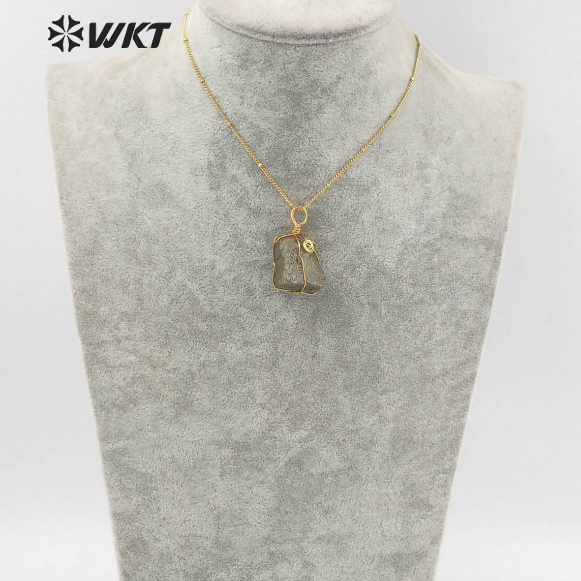 WT-N1345 WKT Newest Natural Jewelry Pyrite Necklace and Brass Wire Wrapped Pendant Women Special Jewelry Necklace Gift